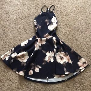 Blue floral fit and flare lace backed dress